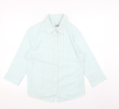 SOLUTIONS Womens Blue Striped Viscose Basic Button-Up Size 14 V-Neck