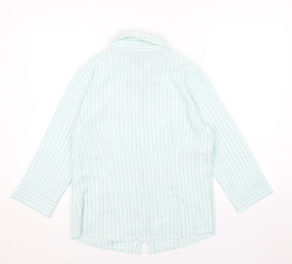 SOLUTIONS Womens Blue Striped Viscose Basic Button-Up Size 14 V-Neck