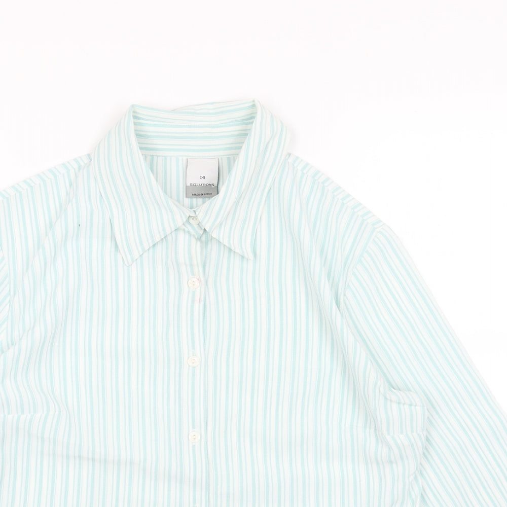 SOLUTIONS Womens Blue Striped Viscose Basic Button-Up Size 14 V-Neck