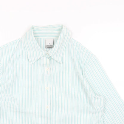SOLUTIONS Womens Blue Striped Viscose Basic Button-Up Size 14 V-Neck