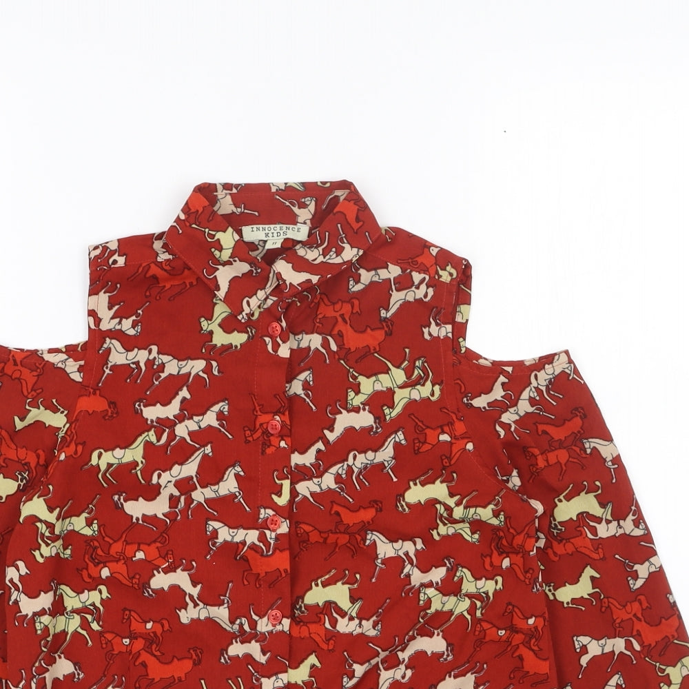 Innocence Girls Orange Geometric Viscose Basic Button-Up Size 11 Years Collared Button
