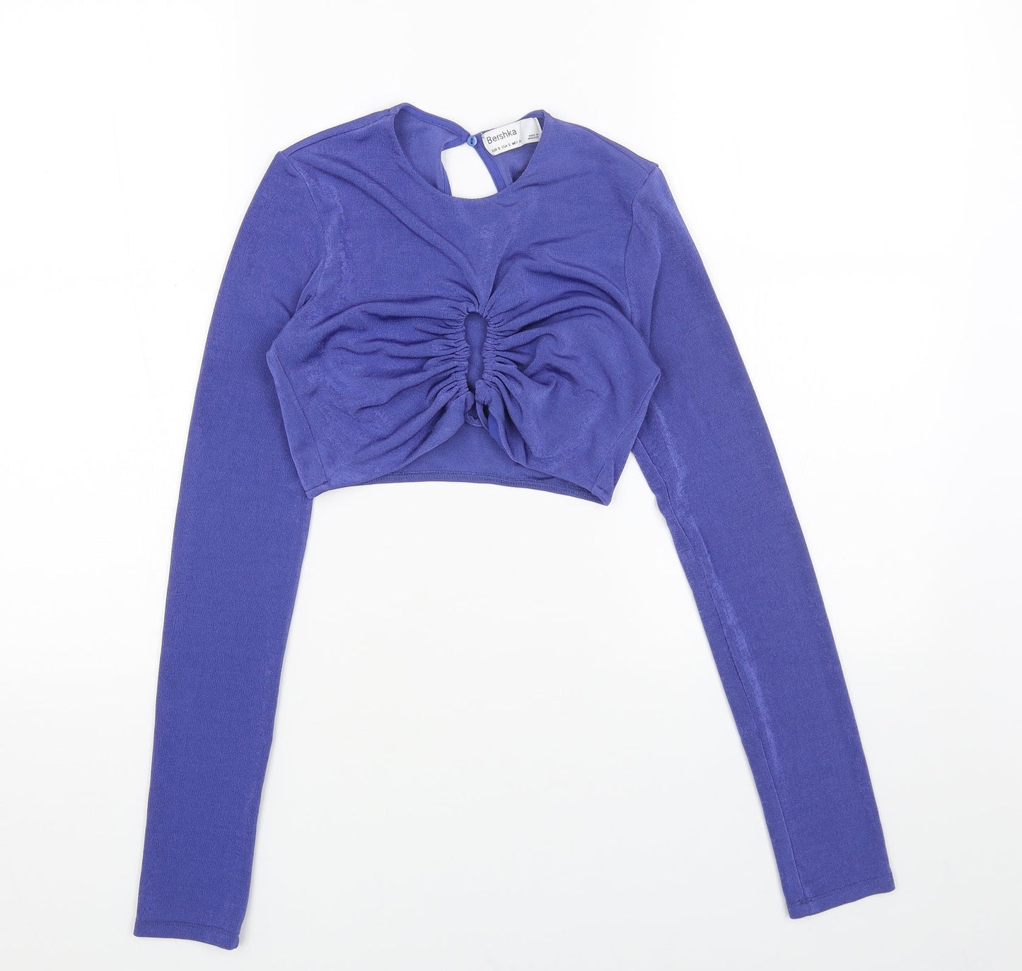 Bershka Womens Blue Polyester Cropped Blouse Size S Scoop Neck - Cut Out Front Detail