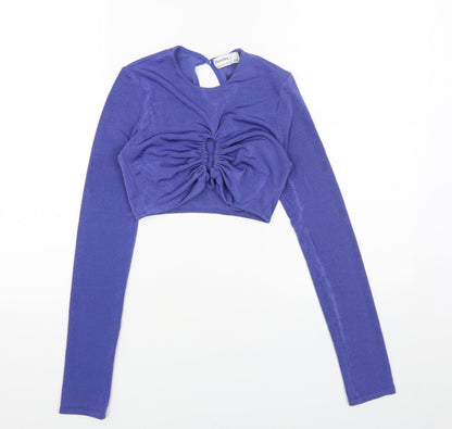 Bershka Womens Blue Polyester Cropped Blouse Size S Scoop Neck - Cut Out Front Detail