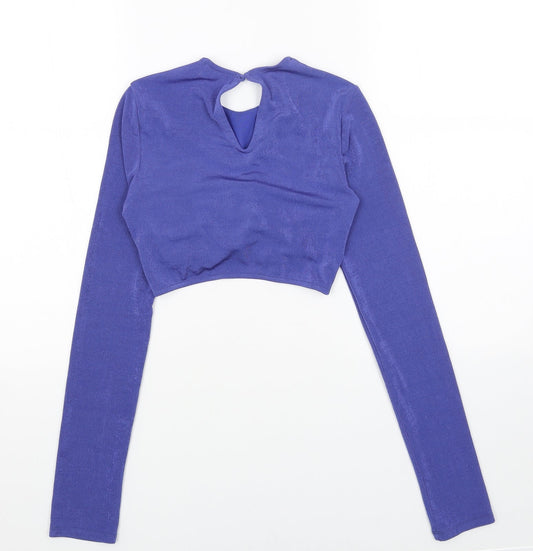 Bershka Womens Blue Polyester Cropped Blouse Size S Scoop Neck - Cut Out Front Detail