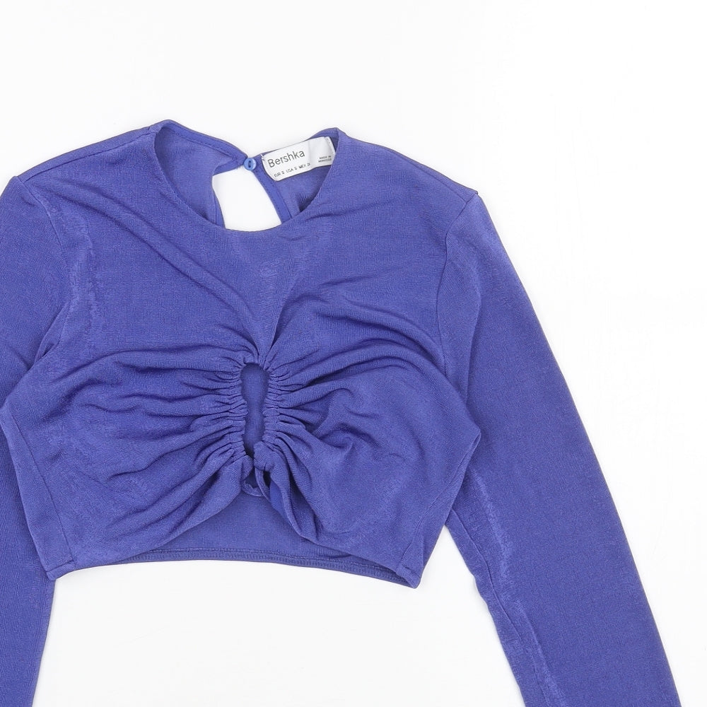 Bershka Womens Blue Polyester Cropped Blouse Size S Scoop Neck - Cut Out Front Detail