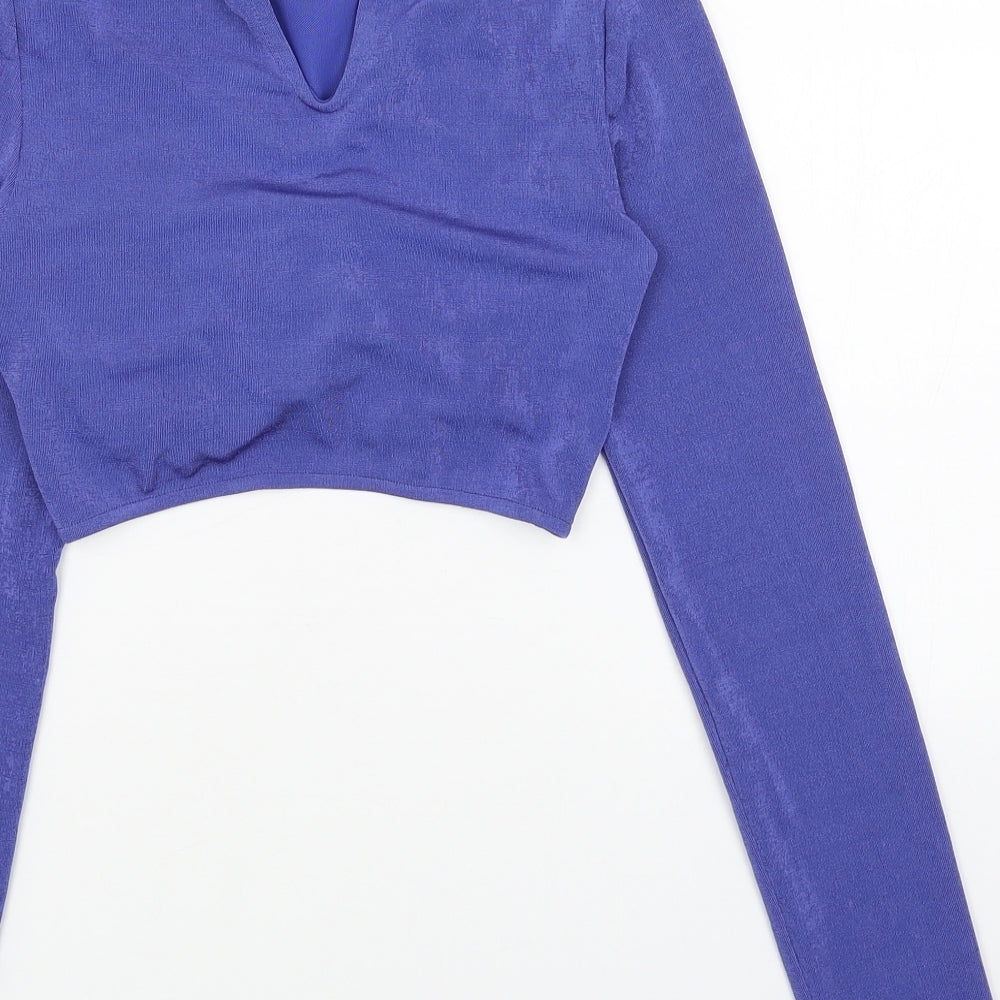 Bershka Womens Blue Polyester Cropped Blouse Size S Scoop Neck - Cut Out Front Detail