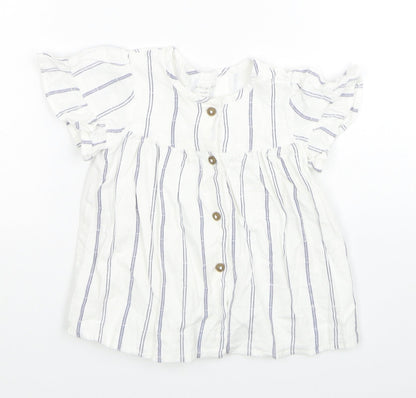 Primark Girls White Striped Cotton Shirt Dress Size 12-18 Months Round Neck Button