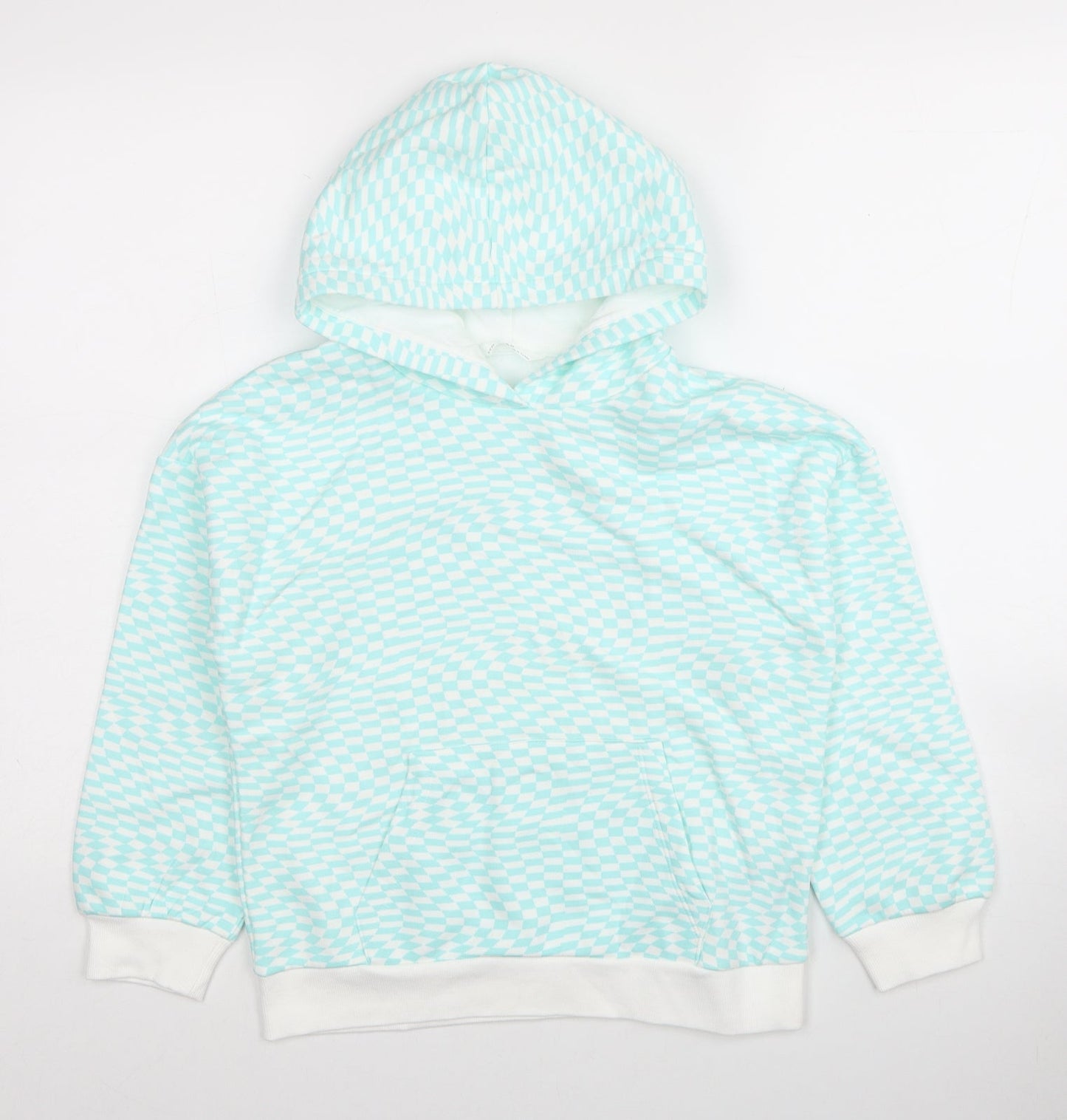Marks and Spencer Girls Blue Plaid Cotton Pullover Hoodie Size 9-10 Years Pullover