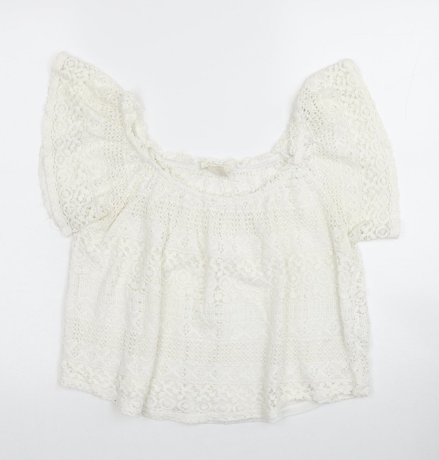 FOREVER 21 Womens White Geometric Cotton Basic Blouse Size M Square Neck - Bardot