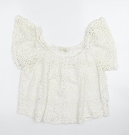 FOREVER 21 Womens White Geometric Cotton Basic Blouse Size M Square Neck - Bardot