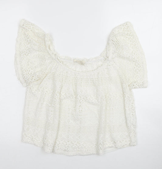 FOREVER 21 Womens White Geometric Cotton Basic Blouse Size M Square Neck - Bardot