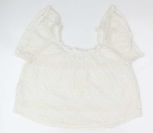 FOREVER 21 Womens White Geometric Cotton Basic Blouse Size M Square Neck - Bardot