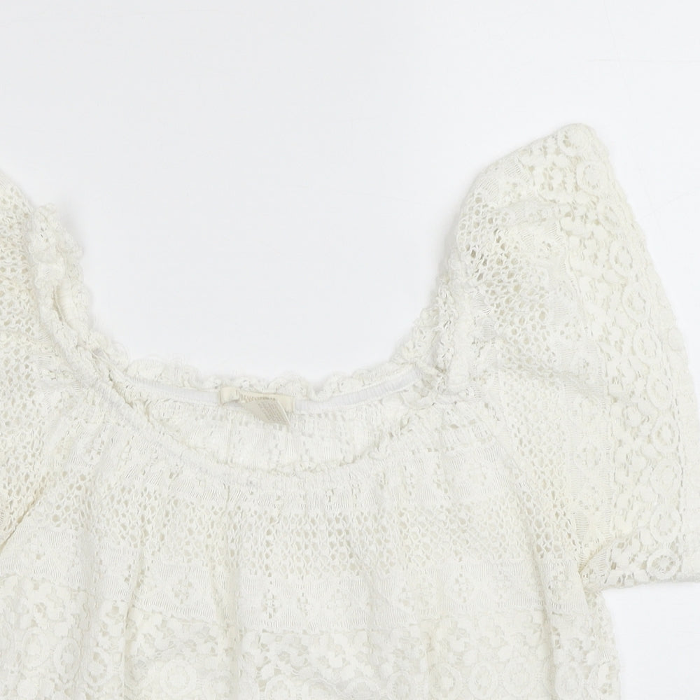 FOREVER 21 Womens White Geometric Cotton Basic Blouse Size M Square Neck - Bardot