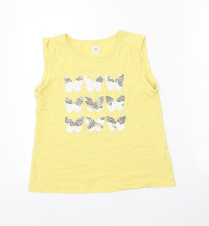 Gap Girls Yellow 100% Cotton Basic Tank Size 10-11 Years Round Neck Pullover - Butterfly