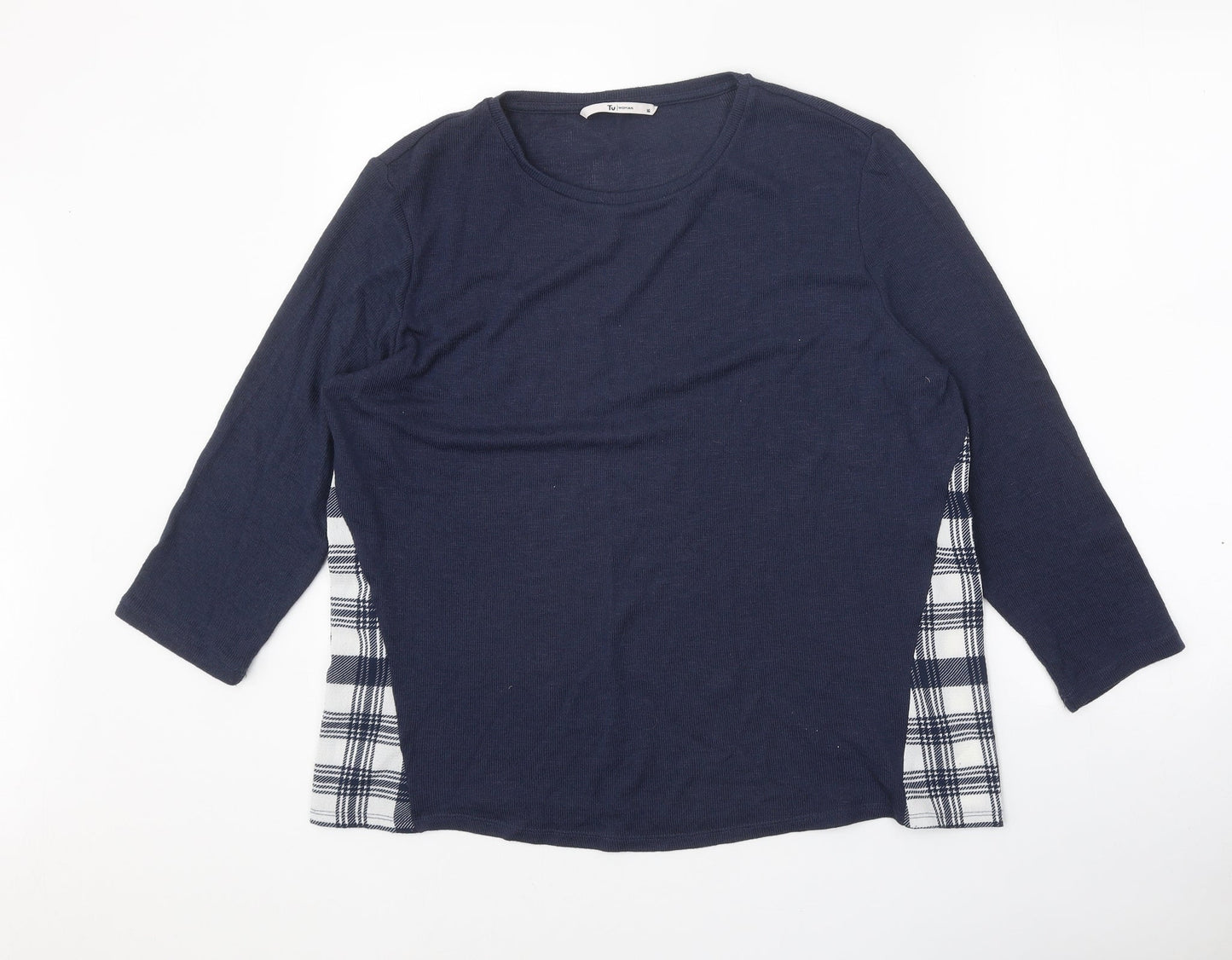 TU Womens Blue Round Neck Plaid Polyester Pullover Jumper Size 16
