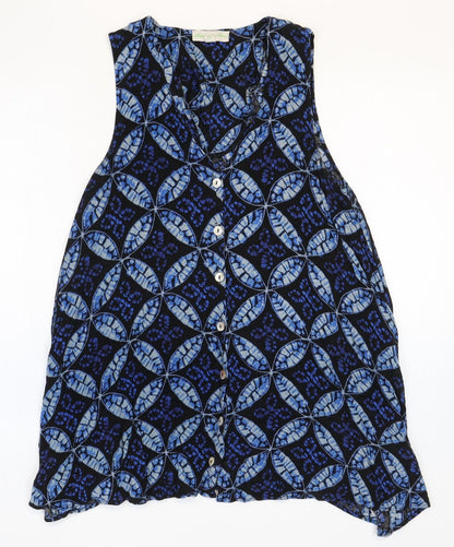 Preworn Womens Blue Geometric Rayon Trapeze & Swing Size S V-Neck Button