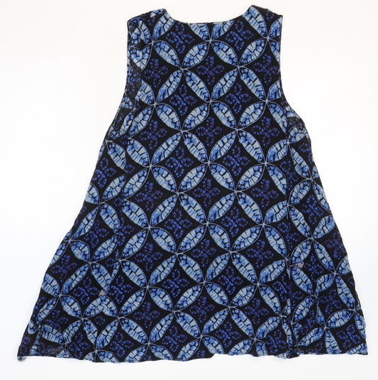 Preworn Womens Blue Geometric Rayon Trapeze & Swing Size S V-Neck Button