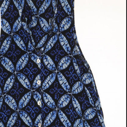 Preworn Womens Blue Geometric Rayon Trapeze & Swing Size S V-Neck Button
