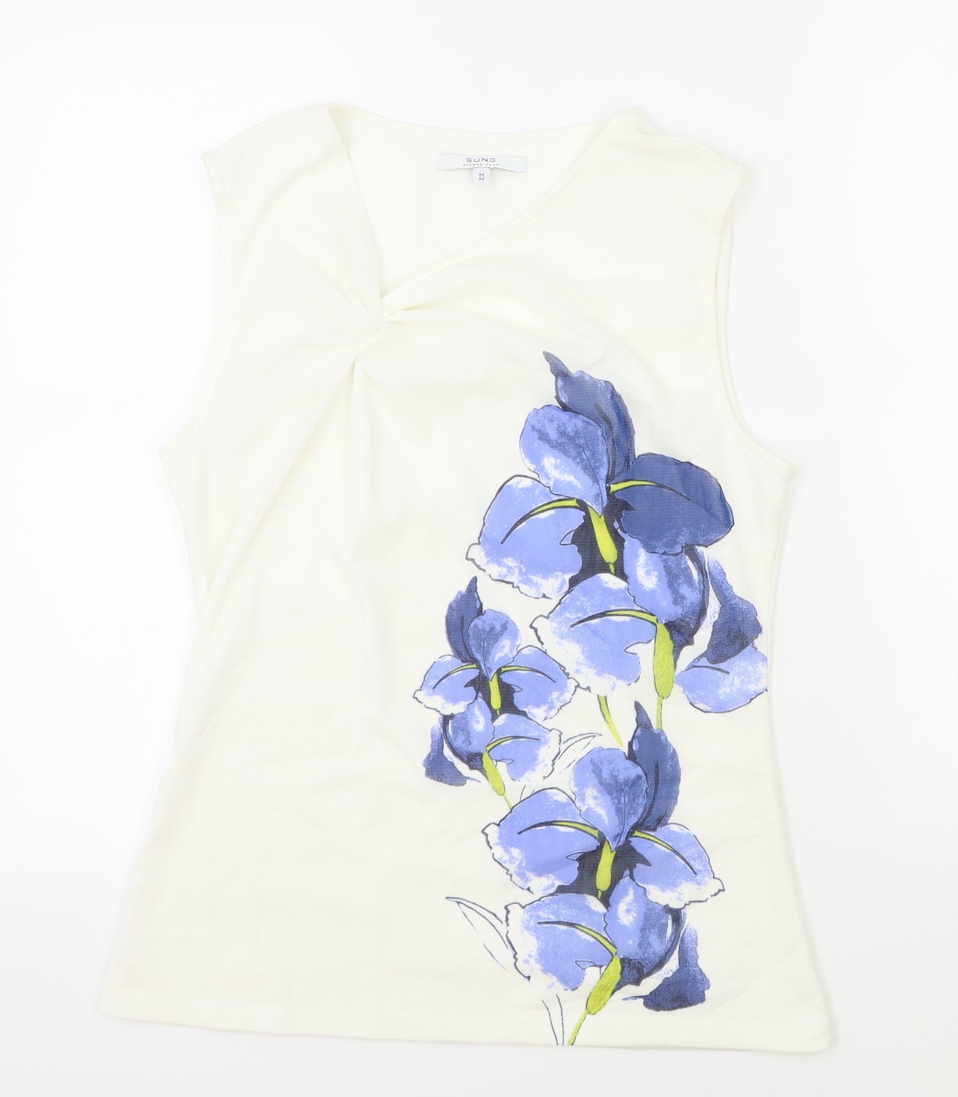 Sung Womens White Polyester Basic Tank Size M V-Neck - Flower Detail