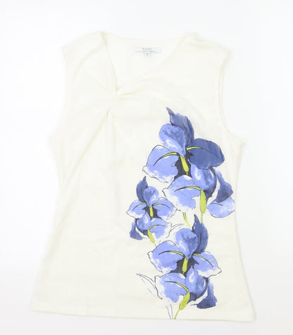Sung Womens White Polyester Basic Tank Size M V-Neck - Flower Detail