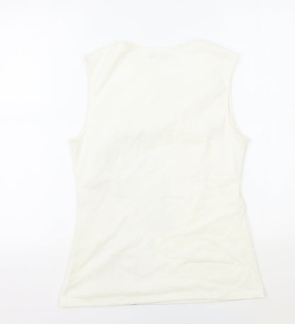 Sung Womens White Polyester Basic Tank Size M V-Neck - Flower Detail