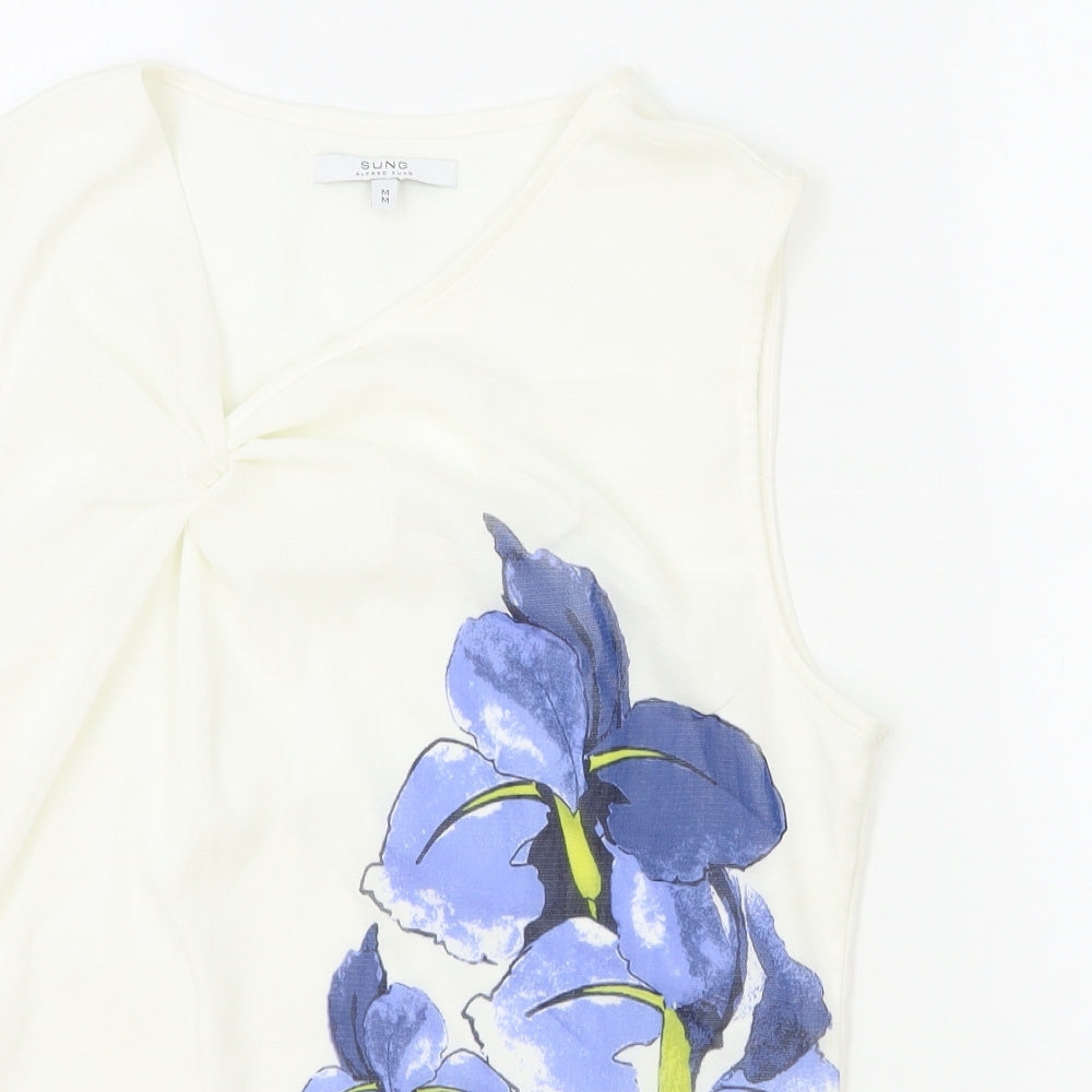 Sung Womens White Polyester Basic Tank Size M V-Neck - Flower Detail