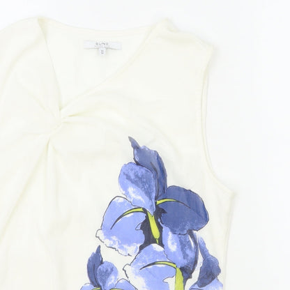 Sung Womens White Polyester Basic Tank Size M V-Neck - Flower Detail