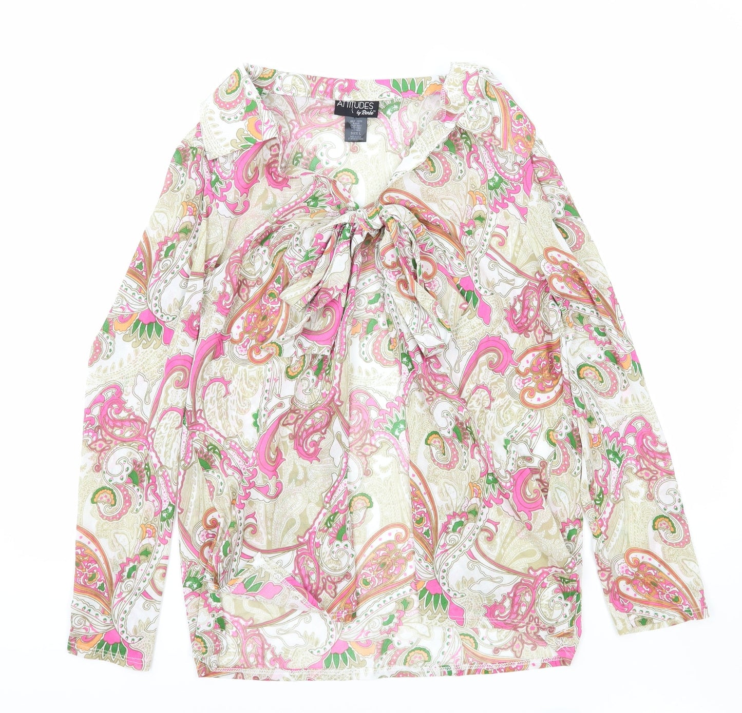 Attitudes Womens Pink Paisley Polyester Basic Blouse Size L V-Neck