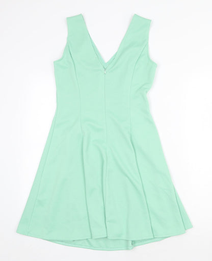 Tokyo Doll Womens Green Polyester Skater Dress Size 8 V-Neck Zip