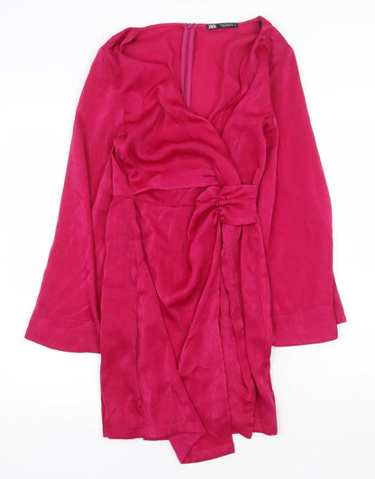 Zara Womens Pink Polyester A-Line Size XS V-Neck Zip