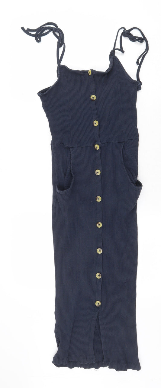 Brave Soul Womens Blue Cotton A-Line Size L Square Neck Button - Ribbed Tie Shoulder Detail