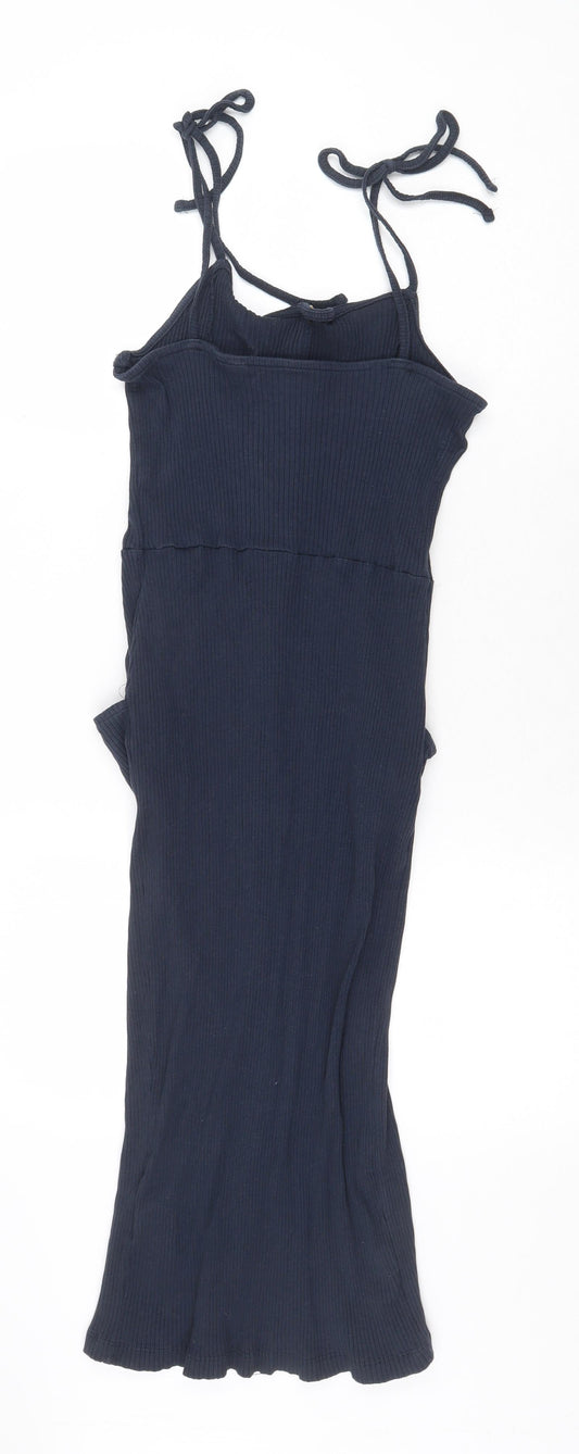 Brave Soul Womens Blue Cotton A-Line Size L Square Neck Button - Ribbed Tie Shoulder Detail