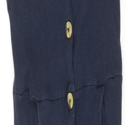 Brave Soul Womens Blue Cotton A-Line Size L Square Neck Button - Ribbed Tie Shoulder Detail