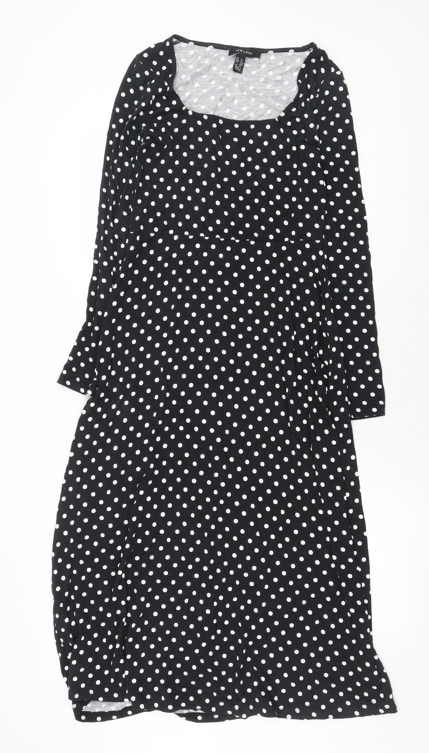 New Look Womens Black Polka Dot Viscose A-Line Size 8 Scoop Neck Pullover