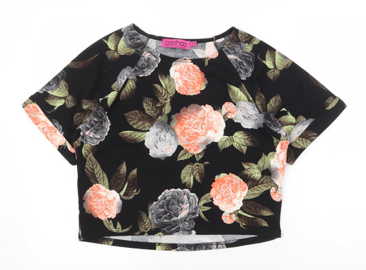 Boohoo Womens Black Floral Polyester Cropped T-Shirt Size 10 Boat Neck