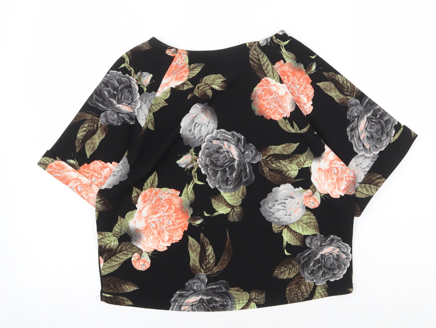 Boohoo Womens Black Floral Polyester Cropped T-Shirt Size 10 Boat Neck