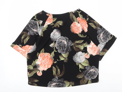 Boohoo Womens Black Floral Polyester Cropped T-Shirt Size 10 Boat Neck