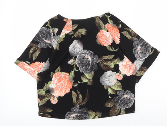 Boohoo Womens Black Floral Polyester Cropped T-Shirt Size 10 Boat Neck