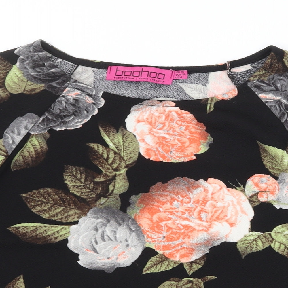 Boohoo Womens Black Floral Polyester Cropped T-Shirt Size 10 Boat Neck