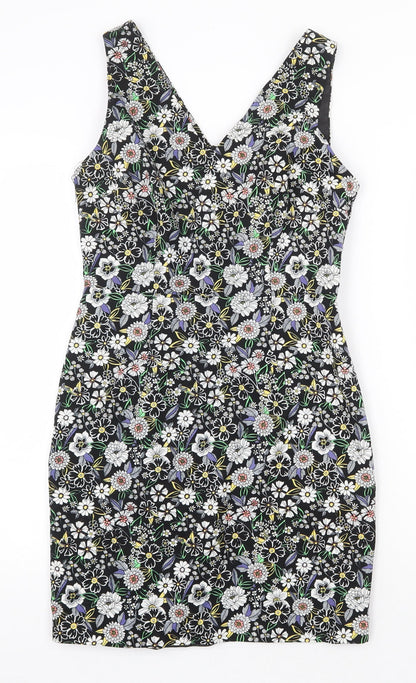 New Look Womens Black Floral 100% Cotton Mini Size 10 V-Neck Zip