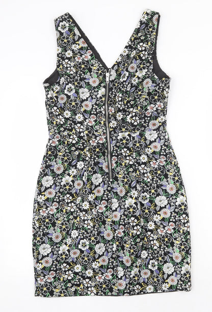New Look Womens Black Floral 100% Cotton Mini Size 10 V-Neck Zip