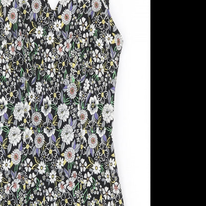 New Look Womens Black Floral 100% Cotton Mini Size 10 V-Neck Zip