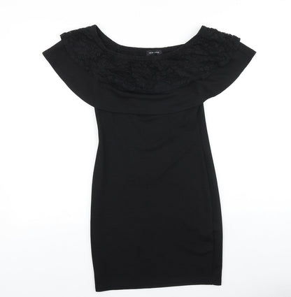 New Look Womens Black Viscose Bodycon Size 10 Off the Shoulder Pullover - Lace Detail Bardot