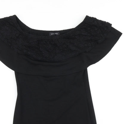 New Look Womens Black Viscose Bodycon Size 10 Off the Shoulder Pullover - Lace Detail Bardot
