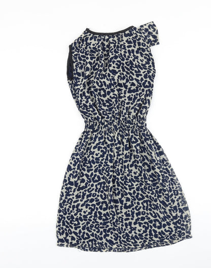 Glamorous Womens Blue Animal Print Polyester Fit & Flare Size 8 Scoop Neck Pullover - Leopard Print