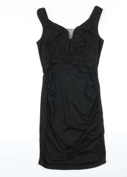 Grace Karin Womens Black Viscose Pencil Dress Size S V-Neck Zip - Pleat Detail