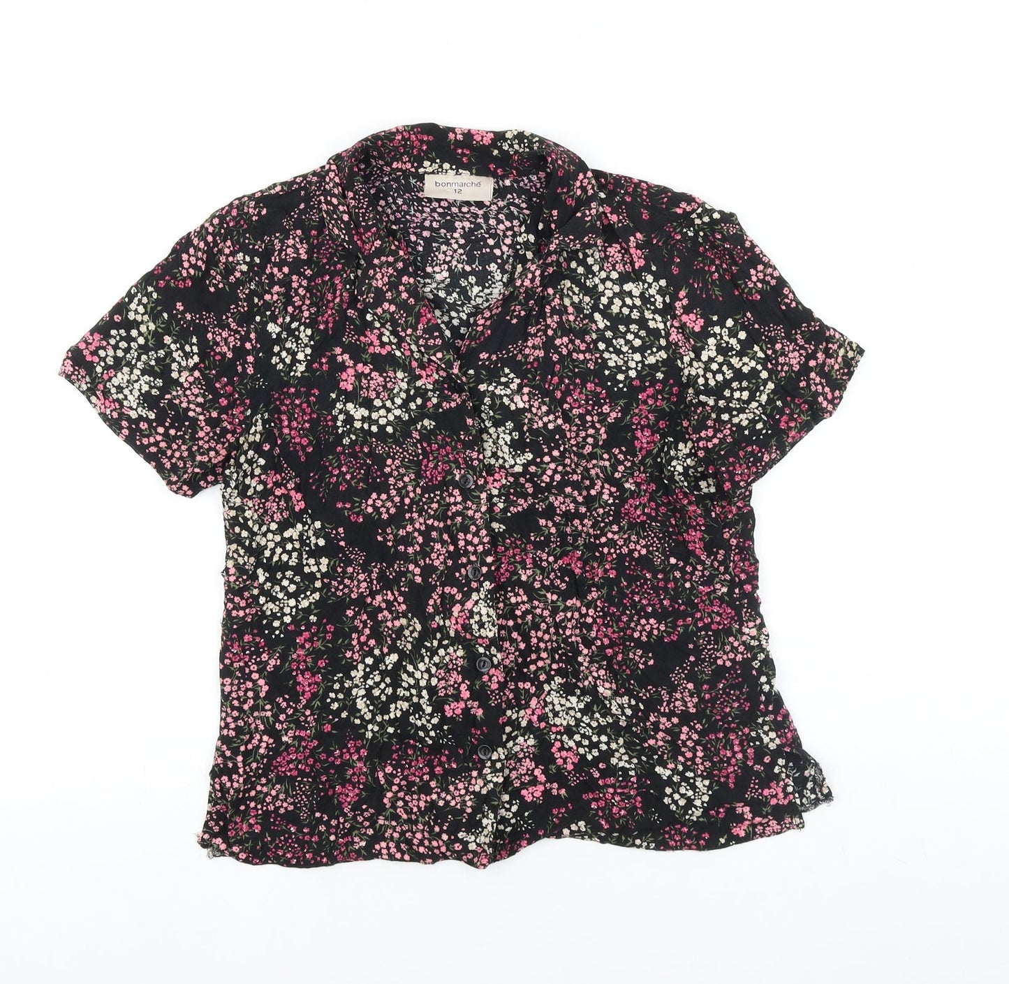 Bonmarché Womens Black Floral Viscose Basic Button-Up Size 12 Collared