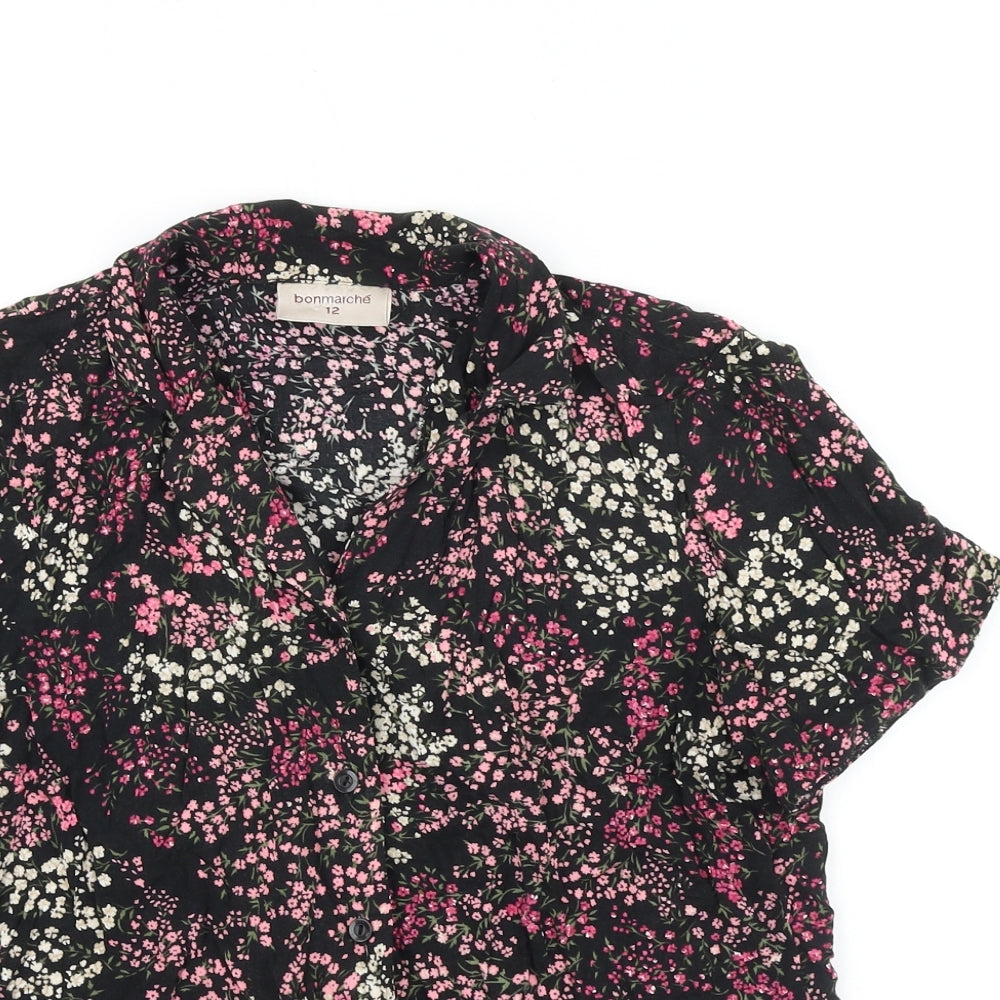 Bonmarché Womens Black Floral Viscose Basic Button-Up Size 12 Collared