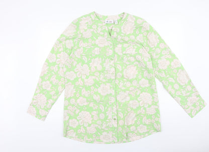 D&Co. Womens Green Floral Polyester Basic Blouse Size L V-Neck