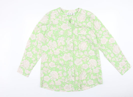 D&Co. Womens Green Floral Polyester Basic Blouse Size L V-Neck